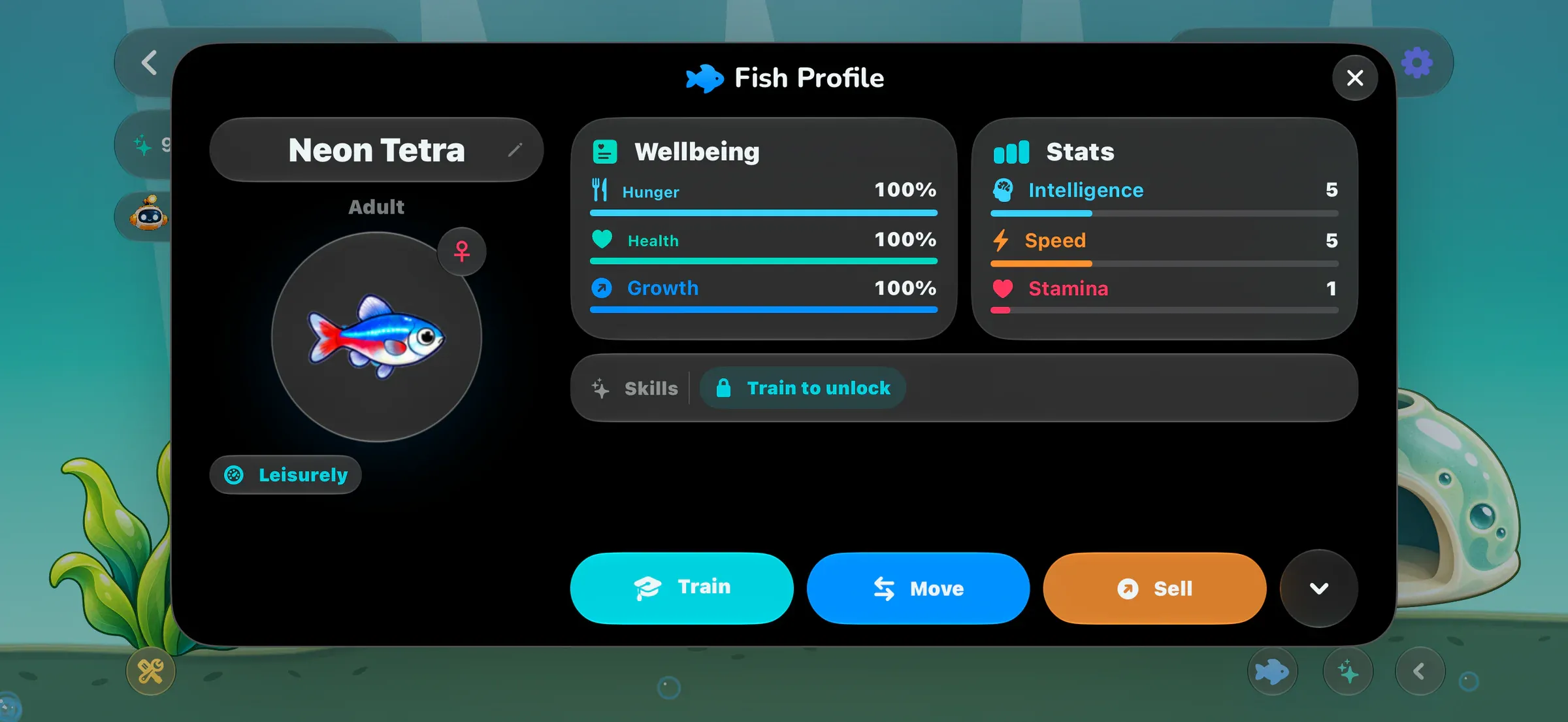 A resident profile showing a neon tetra’s wellbeing, traits and training stats.
