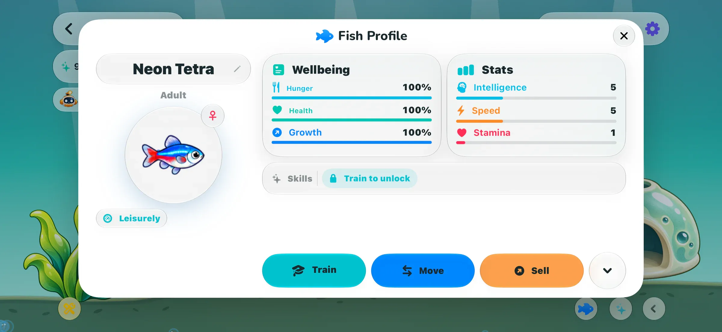 A resident profile showing a neon tetra’s wellbeing, traits and training stats.