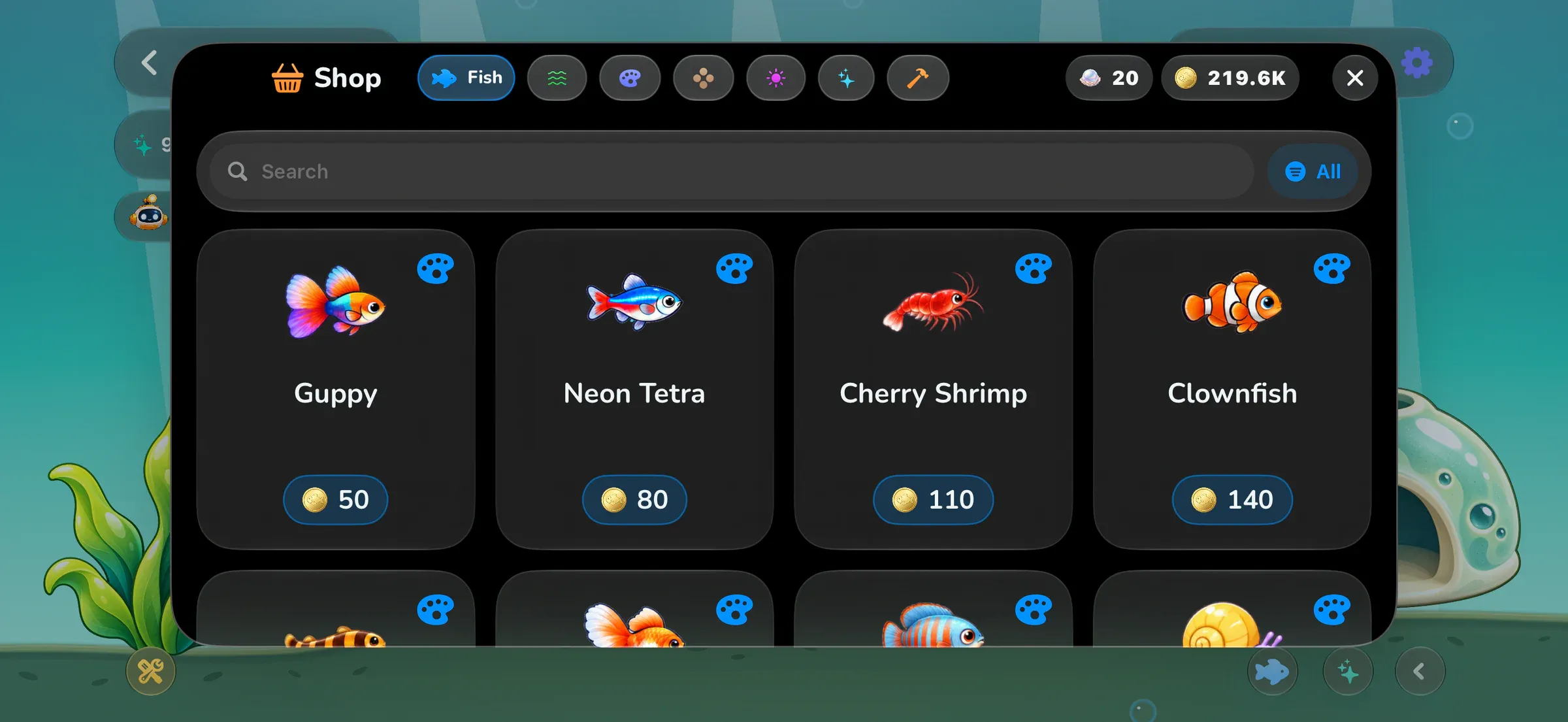 The Shop showing guppies, neon tetras, clownfish, goldfish and more with their coin prices.