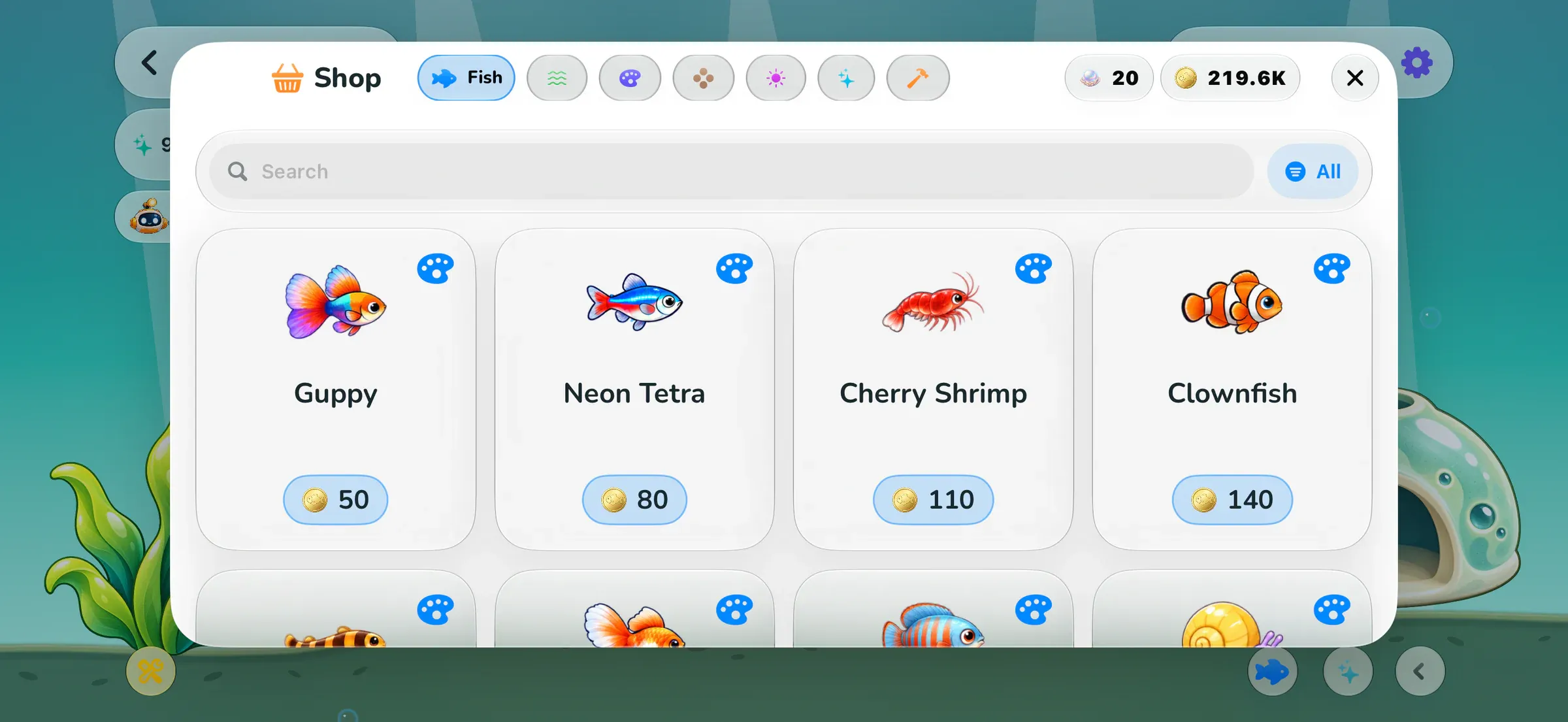 The Shop showing guppies, neon tetras, clownfish, goldfish and more with their coin prices.