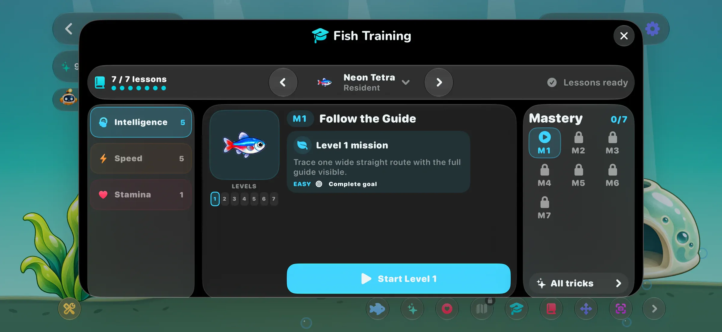 The Fish Training screen with Intelligence, Speed and Stamina courses for a neon tetra.
