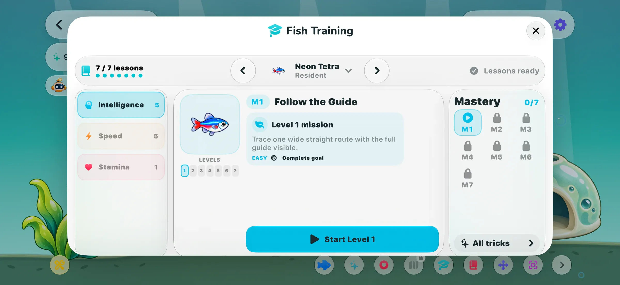 The Fish Training screen with Intelligence, Speed and Stamina courses for a neon tetra.